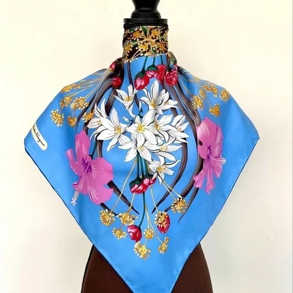 Salvatore Ferragamo Blue and Pink Floral Silk Scarf - Picture 6 of 15